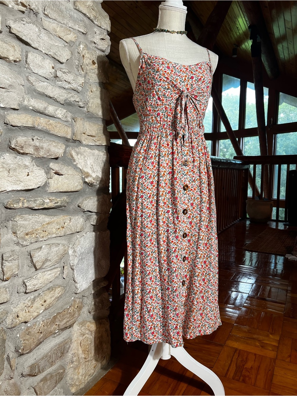 Mimi Chica Red Multi Floral Midi Dress with Tie Front